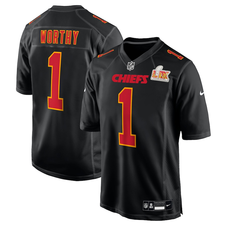 Men's Kansas City Chiefs Xavier Worthy #1 Carbon Black Super Bowl LIX Jersey